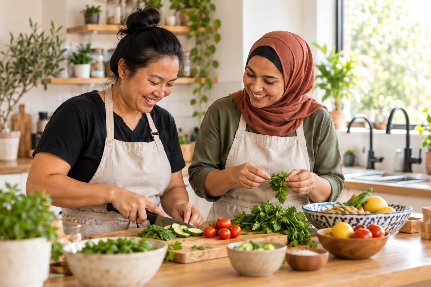 Illustration of two home cooks preparing fresh vegetables together